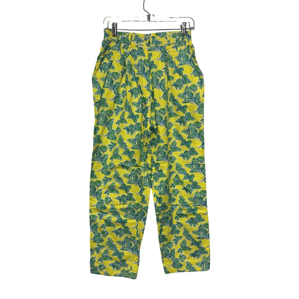 VTG Lilly Pulitzer Butterfly Print Pleated Pants Yellow Cotton Straight Size 8